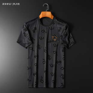 European men's new round neck T-shirt Tide brand flocking embroidered T-shirt top 2023 Summer half sleeve short sleeve spot