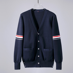 Classic TB JL fashion brand sweater casual couple jacquard double sleeve red White blue striped knitted cardigan coat