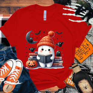 Halloween Boo Bat Book Printed T-Shirt Unisex Casual Top Harajuku Short Sleeve