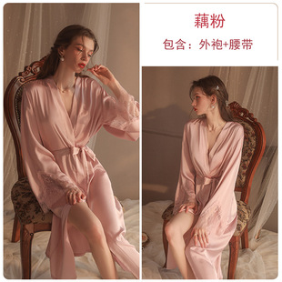 DZ Guiruo Wide Cardigan Belt Satin Split Lace Stitching Long Nightgown Bathrobe suit 19960