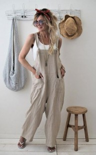 New European and American fashion casual cotton and linen loose sleeveless jumpsuit