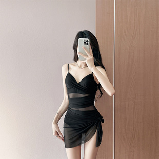 Summer 2024 New Korean Style Sexy Conjoined Deep V Small Chest Steel Rings Gathering Simple Sling Hot Spring Swimsuit