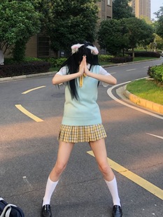Small apricot medium/original school supply sense jk plaid skirt A- shaped skirt women's basic shirt knitted vest plaid skirt set