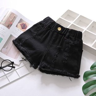 Girls' Summer Denim Shorts Outer Pants Black and White Ripped New Kidsren's K-style Thin Medium and Large Kidsren's Pure Cotton