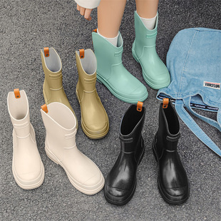 Non-slip rain boots women's adult new mid-tube women's waterproof water shoes outdoor kitchen work rain boots fleece-lined rubber shoes
