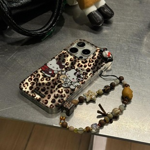 Retro Brown Leopard Print KItty Cat Beaded Mobile Phone Case Chain Accessories CCD Camera Lanyard Anti-Lost Portable Rope