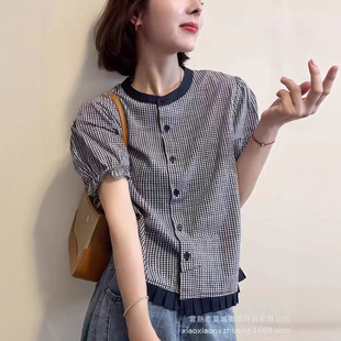 Exquisite Plaid Short-Sleeved Contrast Shirt 2025 Summer New Retro Literary Small Lapel Cotton and Linen Black and White Plaid Shirt