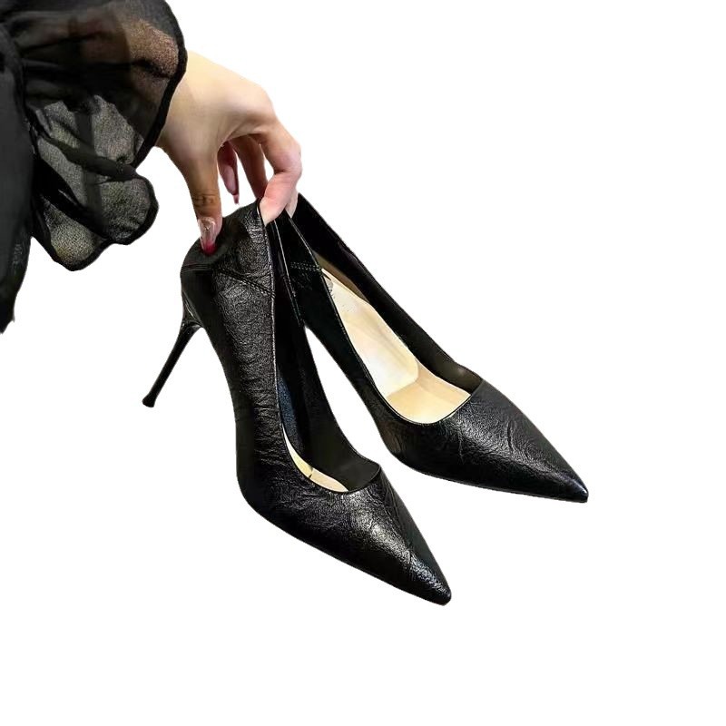 Internet Celebrity Black Soft Leather High-Heeled Shoes for Women 2026 Spring and Autumn New Korean Style Sexy Single Shoes French Style Stiletto Pointed Toe Shoes