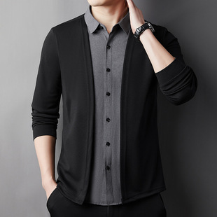 Autumn new middle-aged men's fake two-piece shirt handsome Joker thin knitted cardigan coat wholesale