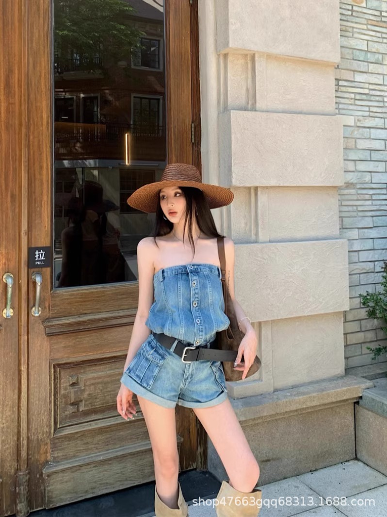 Retro Hot Girl Sexy Tube Top Denim Jumpsuit for Women 2025 Summer New Style Waist-Cinching Slimming Straight-Leg Jumpsuit Shorts
