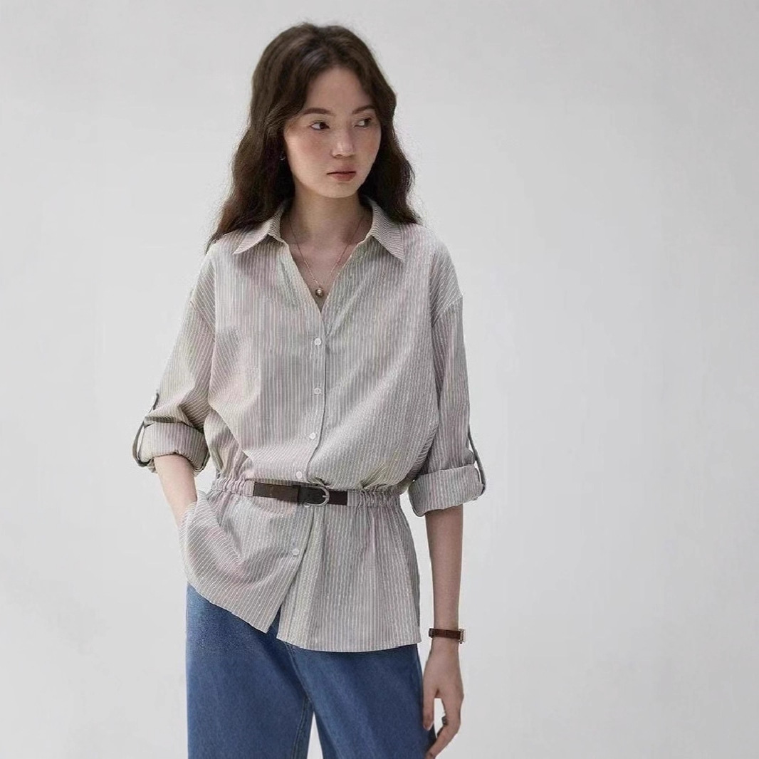 French Unique Design V Neck Waist Stripesd Loose Shirt for Women Early Autum New Elegant Casual Work Clothing Top