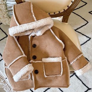 Korean Style Boys and Girls Baby Winter New Jacket Retro Fashionable Suede Thickened Lamb Wool Thick Warm Jacket