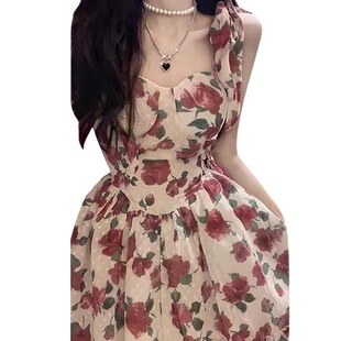 Tea Break French Spice Girls' Sling Floral dress Children's Summer 2024 New Pure Desire Style Tight Waist Tapered Skirt
