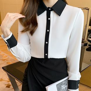 Professional Silk Shirt Women's Long-sleeved Spring and Autumn New Black and White Stitching Contrast High-grade Shirt Heavy Mulberry Silk Top