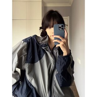 Stitching Contrast Color Sunscreen Jacket Women's Summer Thin Sports Jacket Outdoor UV Protection Loose Hooded Sunscreen Suit