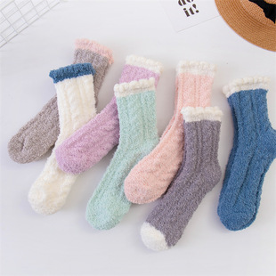Japanese Candy Color Coral Velvet Socks Autumn and Winter Home Thickened Mid-tube Twist Socks Cute Solid Color Half Velvet Girls Socks