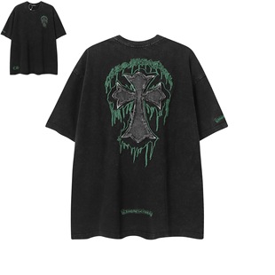 Cross-border Chrome Heart Crowe High Quality Trendy Brand Sanskrit Cross Printed Pure Cotton Women's Men's Short Sleeve