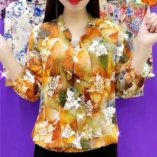 2 Summer new loose diamond three-quarter sleeve plus size chiffon shirt women's fashion mom wear all-matching Internet celebrity