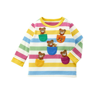 Spring and Autumn New Men's and Women's Striped Long-sleeved Japanese Cartoon Cute Pocket Bear Rabbit Crewneck T-shirt