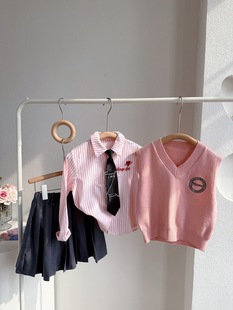 2025 Spring Girl's College Style Rabbit Police Officer Knitted Vest Striped Shirt Pleated Skirt Three-Piece Fashionable Set