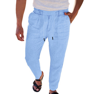 Amazon AliExpress European and American Autumn New Thin Casual Lace New Men's Cotton and Linen Drawstring Straight Pants