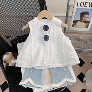 Children's Clothing Wholesale Girls Suit Summer 2024 New Little Girl Lace Sleeveless Top and Jeans Two-piece Set
