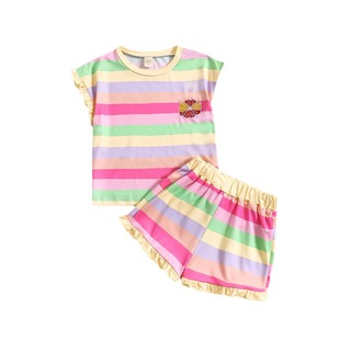 Cross-Border Wholesale Summer Stripesd Casual Suit New Style Girls' Fungus T-Shirt + Shorts Two-Piece Set Kidsren's Clothing Trendy