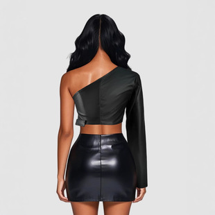 Cross-border Black Collarless Shoulder PU Leather Clothes Rock Dance Irregular Short Jacket European and American Independent Station Online Red Customization