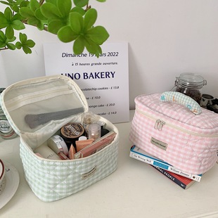 25252 Fresh Style Macaron Color Plaid Cosmetic Bag Cotton Large Capacity Portable Storage Bag Wash Bag for Women