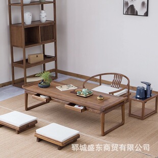 New Chinese Style Old Elm Tatami Tea Table Tea Room Zen Tea Table Rectangular Solid Wood Guoxue Table and Chair Combination