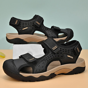 Cross-border plus size 46 Sandals Men's Summer New Men's Genuine Leather Hollow Breathable Sandals Outdoor Baotou Beach Shoes for Men