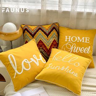 Nordic American Style Living Room Pure Cotton with Roller Strip Yellow dark blue Casual Letter Embroidery Sofa Pillow Cushion Pillowcase