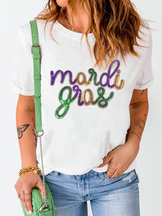 2025 Summer New Letter Sequin Short-sleeved T-shirt Women's European and American Fashion All-match Round Neck Three-point Sleeve Top