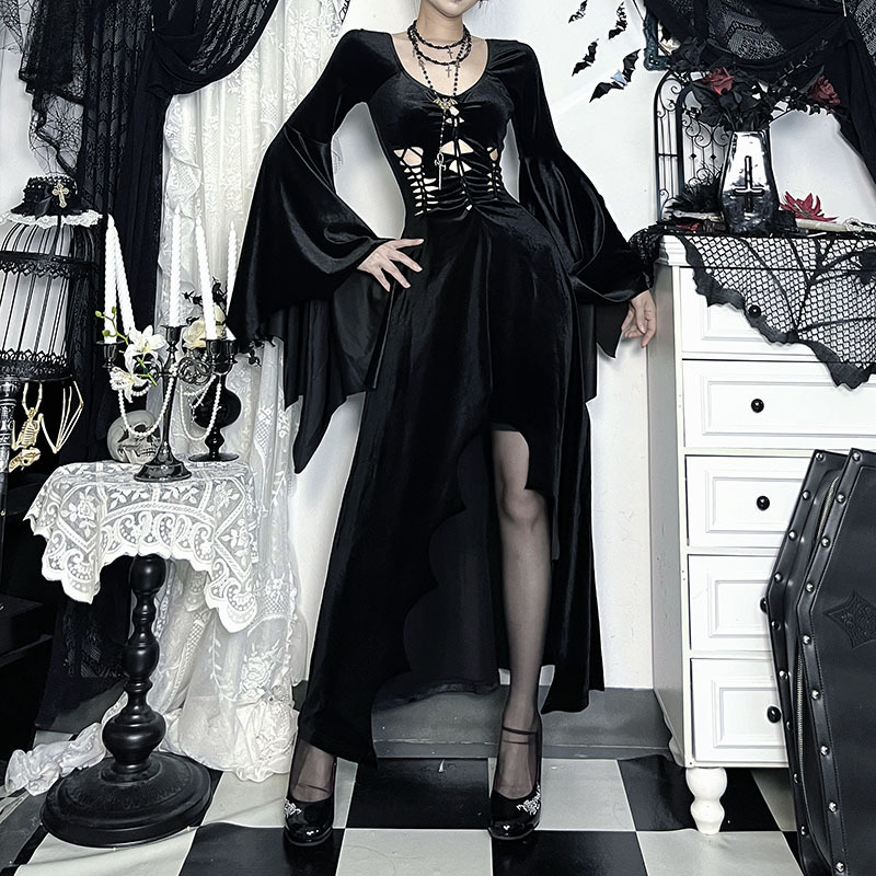 Bat Sleeve Velvet Long Dress for Women Gothic Style 2 Halloween 52242025XS Magic New Women's Dress Dark Style