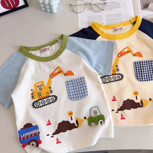 Japanese children's clothing! Spring Boy's Excavator Cute Baby Top Thin Half Sleeve T-Shirt Children's Short Sleeve