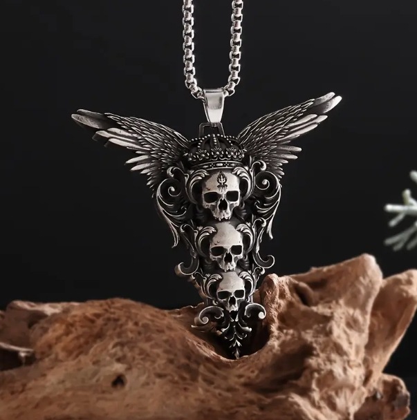 Gothic Three-Skull Crown and Wings Pendant Necklace, Vintage Horror-Inspired Design, Ethnic Jewelry for Men and Women