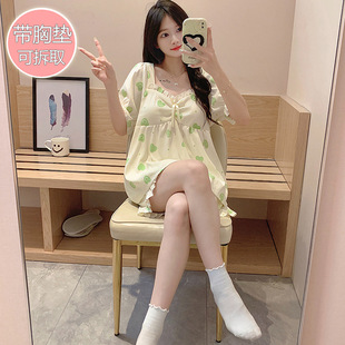 Cool Cotton Pajamas Women's Summer with Chest Pad Girls Sweet V-Neck Short Sleeve Shorts Fat mm220 Jin Plus Size Home Clothes