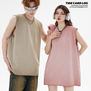 TIDE CARD LOG spring and summer retro reverse bottom dye stir-fry old fashion casual loose round neck solid color vest tide t
