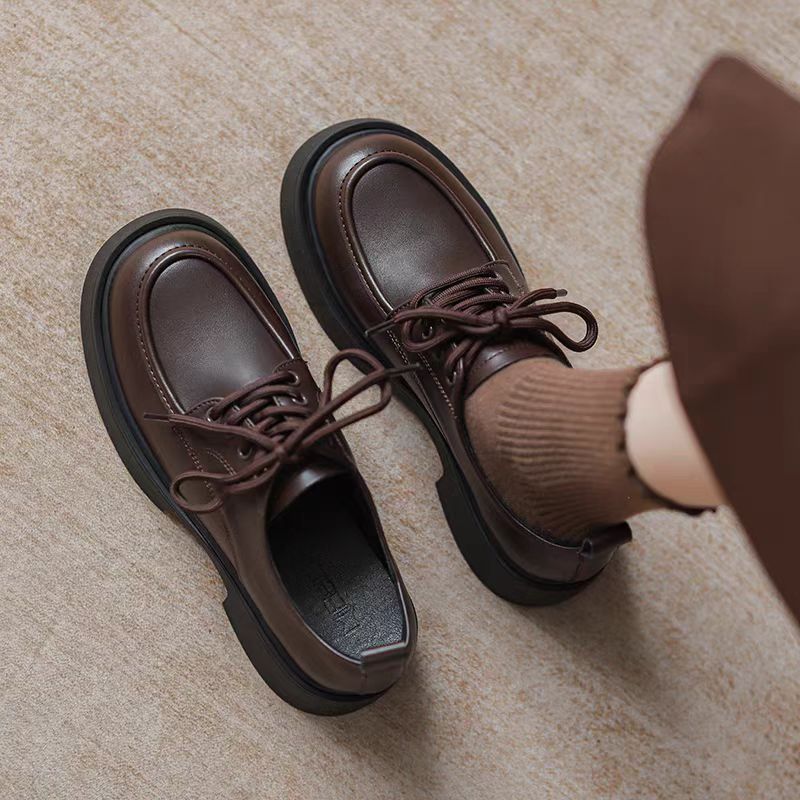 Foreign Trade Style Genuine Leather Flat Lace-Up Loafers for Women 2025 Spring New British Style Retro Black Leather Shoes for Women