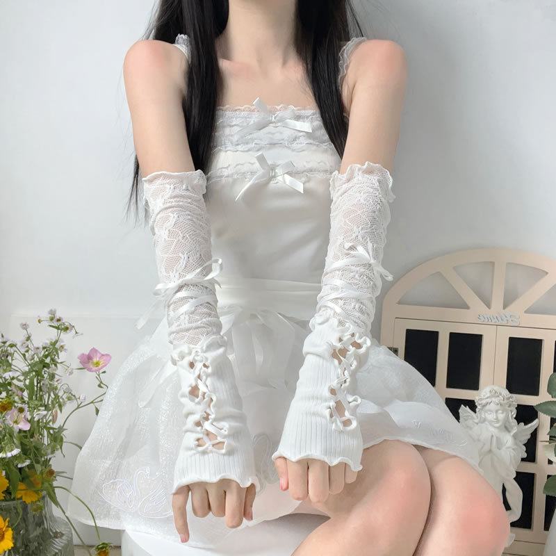 Ballet Style Y2K Lolita Gloves White Lace Sleeves for Women Thin Summer Sun Protection Hot Girl Tie-Up Long Fingerless Gloves