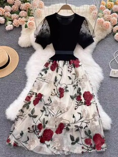 Socialite style skirt high-grade women's clothing heavy embroidery mesh mid-length stitching knitted fairy dress women's summer