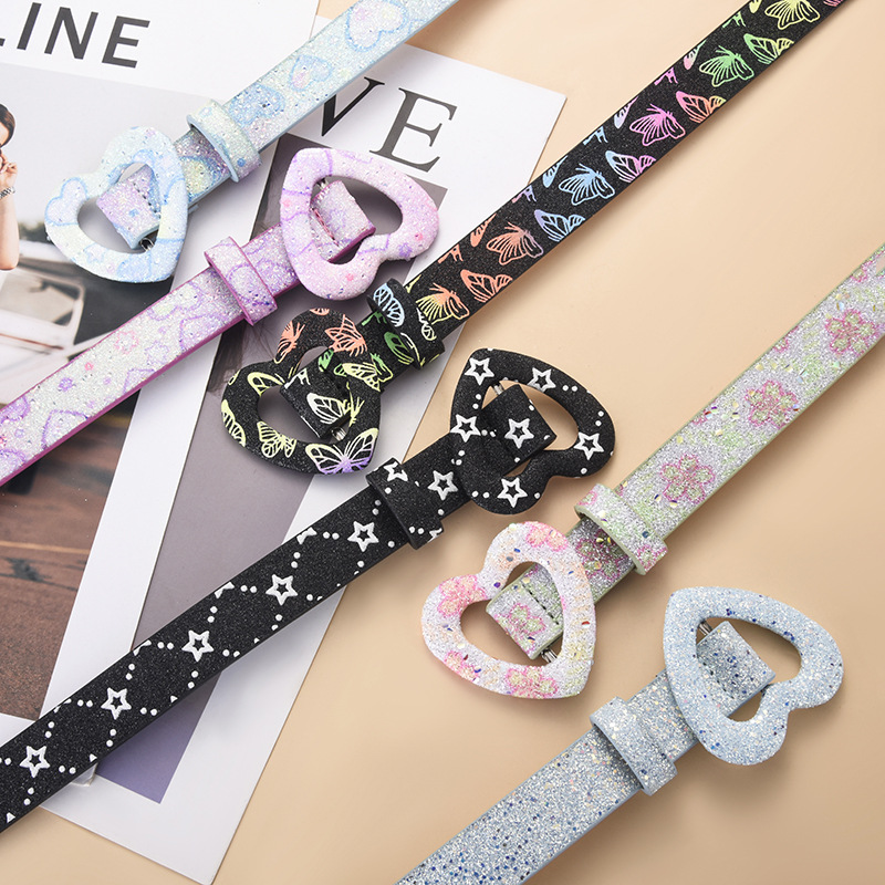 Children's Girls' Heart-Shaped Belt Decorative Belt Versatile for Jeans and Dresses Fashionable Shiny Star Belt