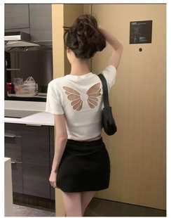 5033# rayon design with chest pad summer hot girls wear short sleeve T-shirt butterfly hollow fashion niche jacket