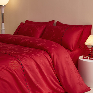 New Chinese Bamboo Jacquard Wedding Four-piece Set Red Quilt Cover Newlywed Bed Sheet Wedding Bedding Wedding