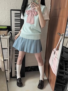 Japanese JK uniform pine blue original pullover vest academic style all-match waist short sleeve plaid skirt skirt four-piece set