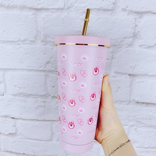 ins New Style 304 Stainless Steel Straw Cup Cute Pudding Large Capacity Vacuum Coffee Cup Cartoon Car Thermos Cup