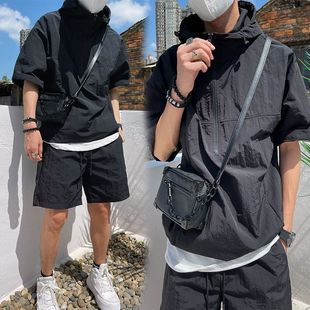 Summer Men's Japanese Style Suit Workwear Short-sleeved Shorts Casual Loose Outwear Shirt Thin Hooded Sweatshirt