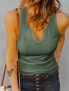 European and American Cross-border Hot Sale Summer New Style Knitted Vest Women's European and American Distinctive Threaded Split Collar Slim Fit Top Women