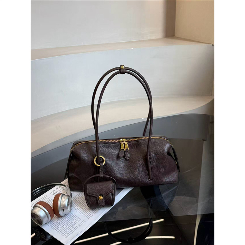 Genuine Leather Boston Bowling Bag for Women, 2026 Fall/Winter New Commuting Handbag, Tote Bag, Baguette Underarm Pillow Bag