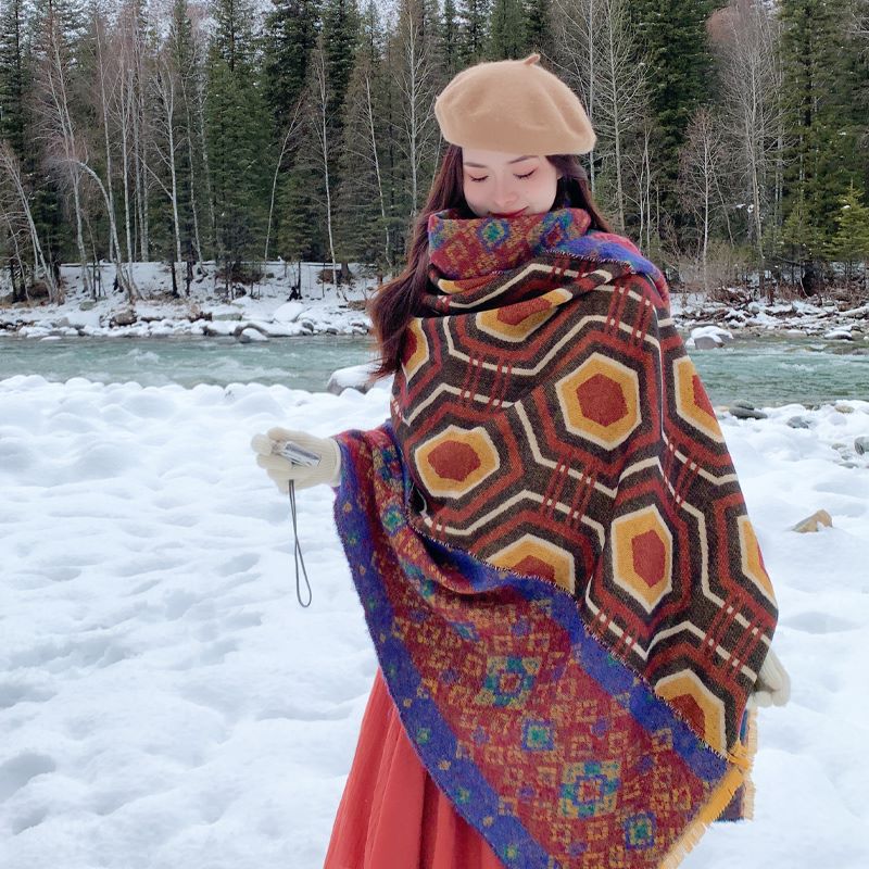 Shawl Women's Travel Wear Ethnic Style Xinjiang Xizang Cloak Outer Wear Cloak Thickened Oversized Scarf Warm Blanket